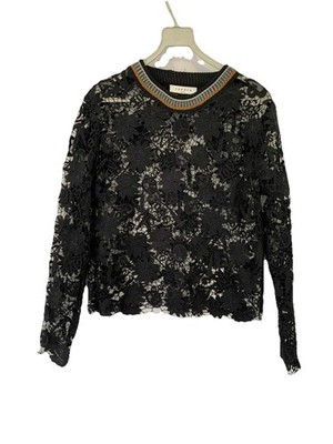 Sandro Paris Black Floral Lace Long Sleeve Sheer Top Sz 1 Small Rare Designer#82