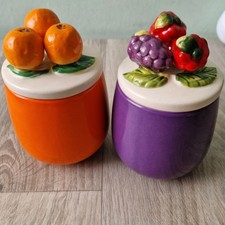 2 Vtg Kitsch Ceramic Preserve Pots Marmalade Orange Jam Berry Fruit Lids