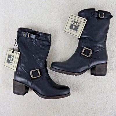 Frye Stiefel Damen Gr. 37 Schwarz Vintage Biker Schuhe Halblang Absatz Leder
