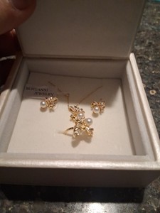 Gold Over Sterling Necklace Earring Ring Set with 18 In.  Box S925 Sz 7.5 Ring