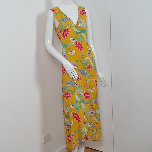 Tree Of Life Dress Size S - 10 Boho Wrap Maxi Yellow Floral Print Sleeveless 