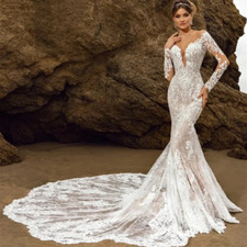 Beach Bridal Gown Long Sleeve Mermaid Wedding Dress Lace Applique bridal robe