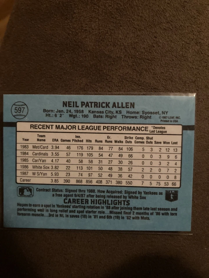 1987 Donruss Neil Allen Card 597 Original Mint MLB Baseball. USA Made - Image 2 of 2