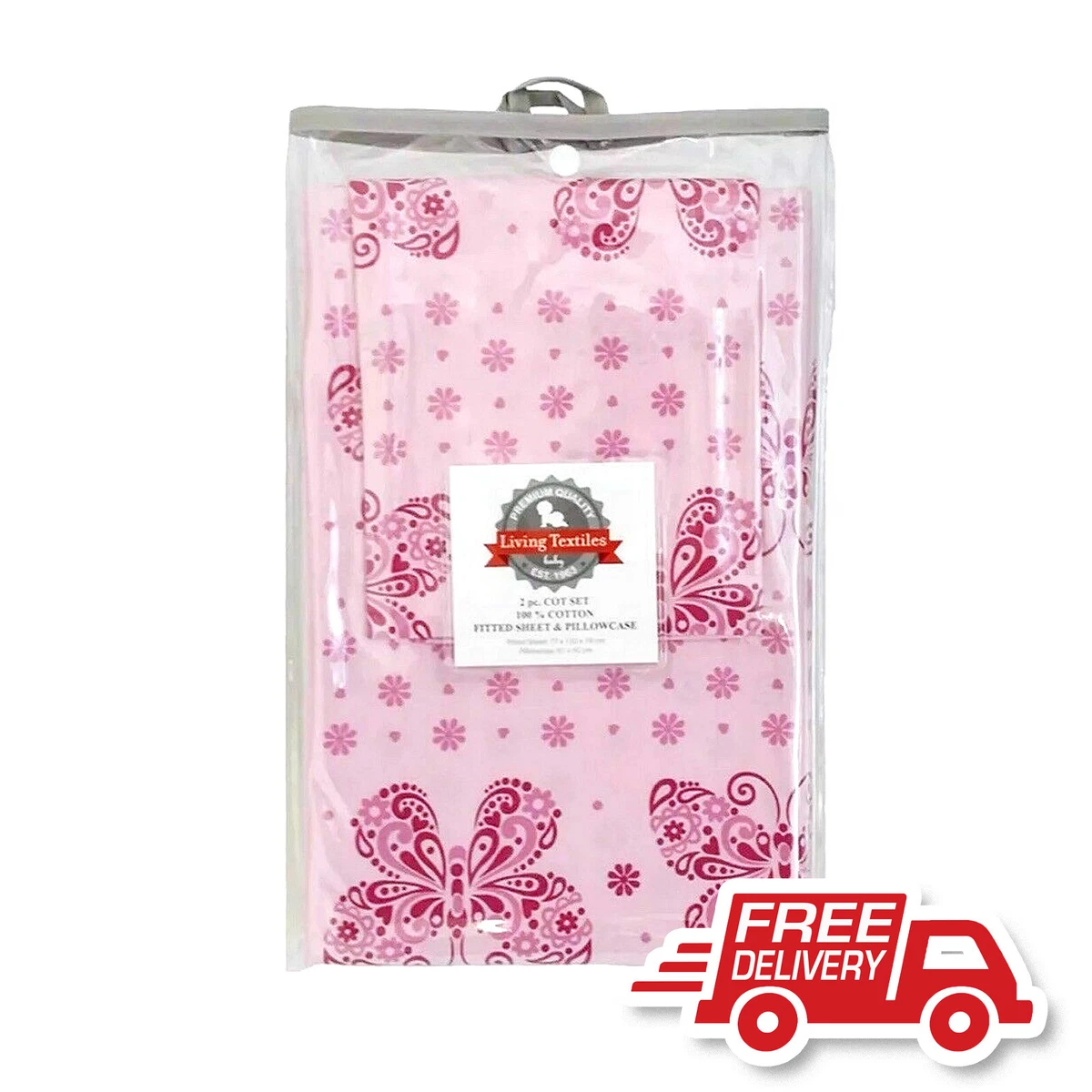 LIVING TEXTILES 2 PCE COT SHEET SET 1 x FITTED SHEET PILLOWCASE