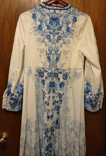 Women's Size L Floral Print Maxi Dress Long Sleeves Buttons Belt Blues White - Picture 9 of 10