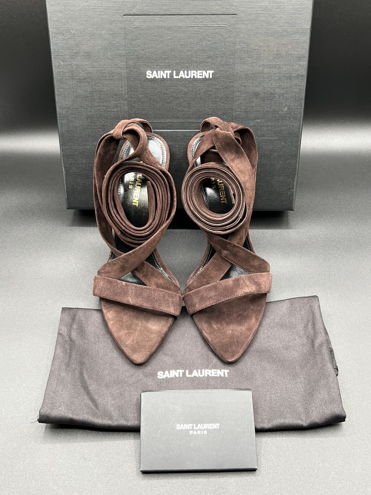 Sandali donna YSL Saint Laurent Deva alla caviglia scamosciati cravatta tacco alto EU 37 5 $1250