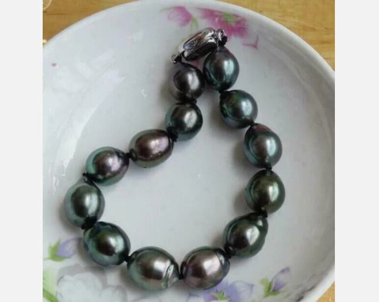 Огромный AAA 7,5-8 «12-15 мм натуральный таитянский подлинный черный зеленый жемчуг браслет 925 - Изображение 3 из 4