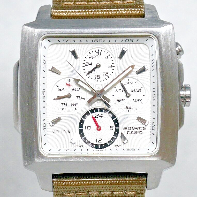 CASIO EDIFICE Square Watch EF-324 White Dial Triple Calendar Luminous Hands