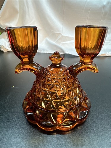 Vintage Imperial Glass Double Stick Candle Holder Katy Pattern Amber Gold Pair - Picture 2 of 9