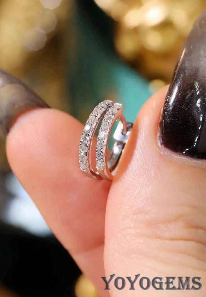 Moissanite Huggie Hoop Earrings Solid 14K White Gold Excellent Round Cut 2 Carat - Image 4 of 4