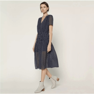 Anthropologie Current Air Dark Navy Swiss Dot Smocked Midi Dress| M