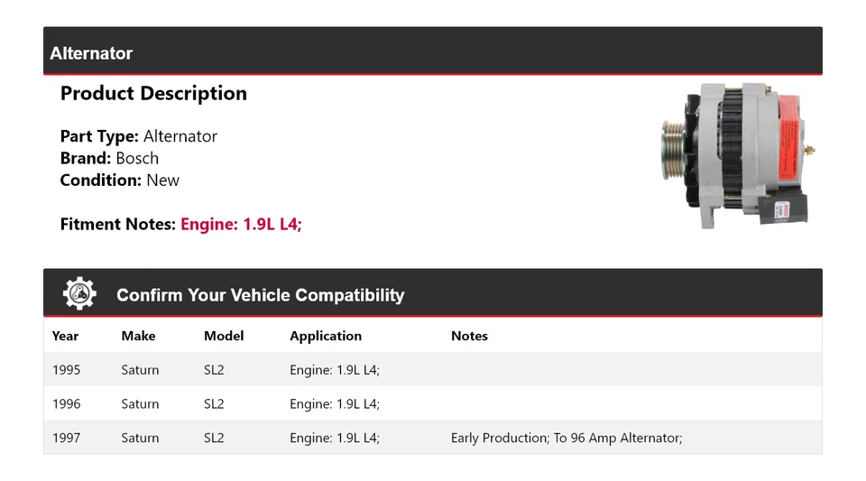 For 1995-1997 Saturn SL2 1.9L L4 Bosch Alternator (New) 1996 - Image 2 of 4