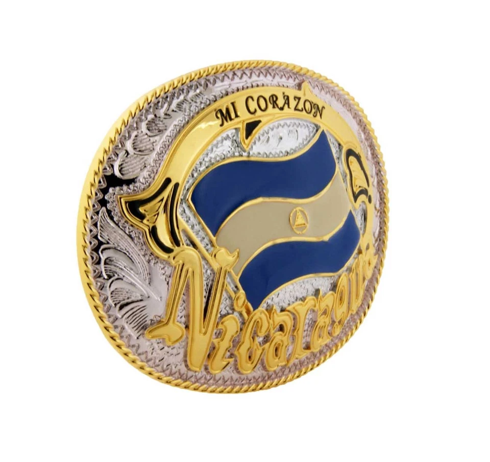Bandera del país de Nicaragua hebilla de cinturón nación centroamericana oro plata metal nuevo Foto 2 de 4