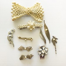 Vintage 80s Lot of 6 Mixed Metal Barrettes Hair Clips Pearls Flowers Gold Tone