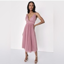 Lulus Sweet Goddess Mauve Mesh Pleated Sleeveless Midi Dress M