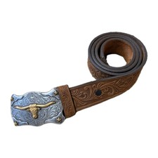 Tony Lama Children's Little Texas Tooled Leather Belt Longhorn Buckle 28 Cowboy