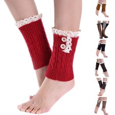 Women Cable Knitted Boot Cuffs Lace Trim Double Button Short Socks Leg Warmers