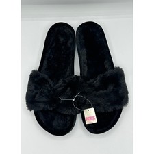 Victoria's Secret PINK Black Faux Fur Slide Slippers 412495 Size M 7-8