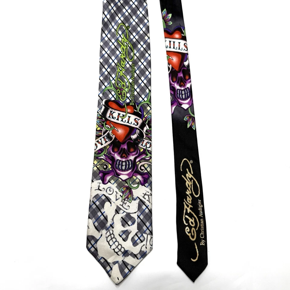Corbata Ed Hardy Christian Audigier LOVE KILLS SLOW Calavera Crossbone Seda DEFECTOS Foto 2 de 4