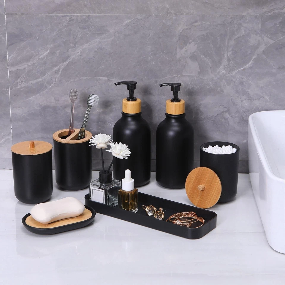 Juego de accesorios de baño negro mate 7 piezas juegos de bambú dispensador de jabón Foto 2 de 4