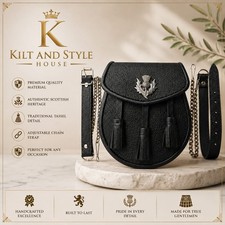 Black Leather Day Sporran with Thistle Badge 3 Tassel Scottish Kilt Pouch Bag