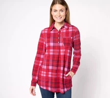 Denim & Co. Petite Plaid Heavenly Jersey Henley Tunic w/Pockets Claret Red XL Ne