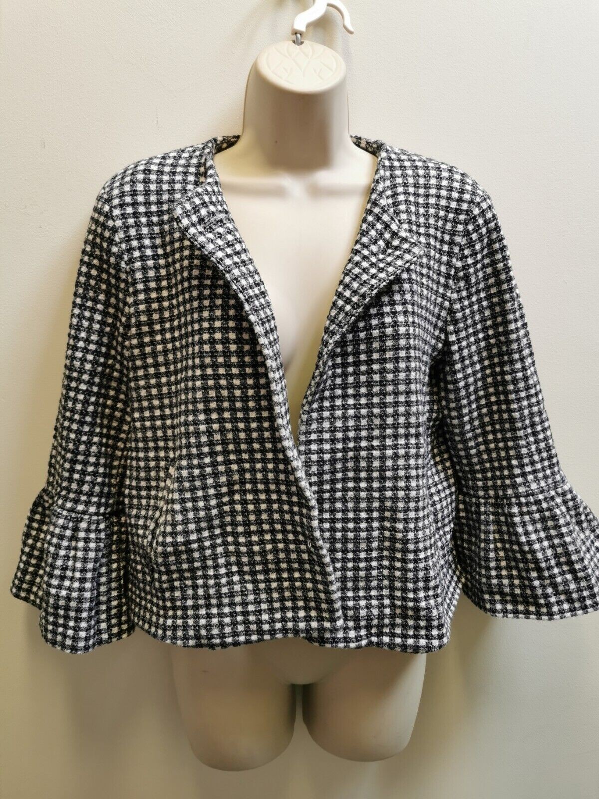 ZARA WOMEN'S TEXTURED HOUNDSTOOTH BLAZER Jacket WHITE/BLACK SIZE L thumbnail 4