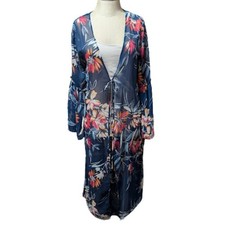 Band of Gypsies Navy Floral Semi Sheer Bell Sleeve Duster Kimono Beach Size XS