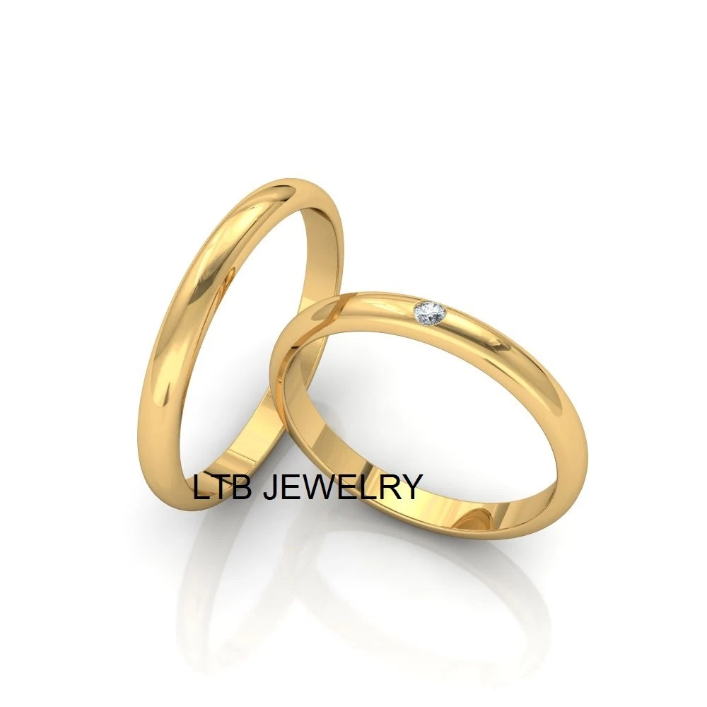 18K SOLID YELLOW GOLD HIS HERS WEDDING RING SET DIAMOND MATCHING