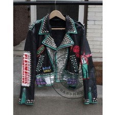 Men Personalized Bikers Studded Jacket, Patches Gothic Steampunk Leather Jacket