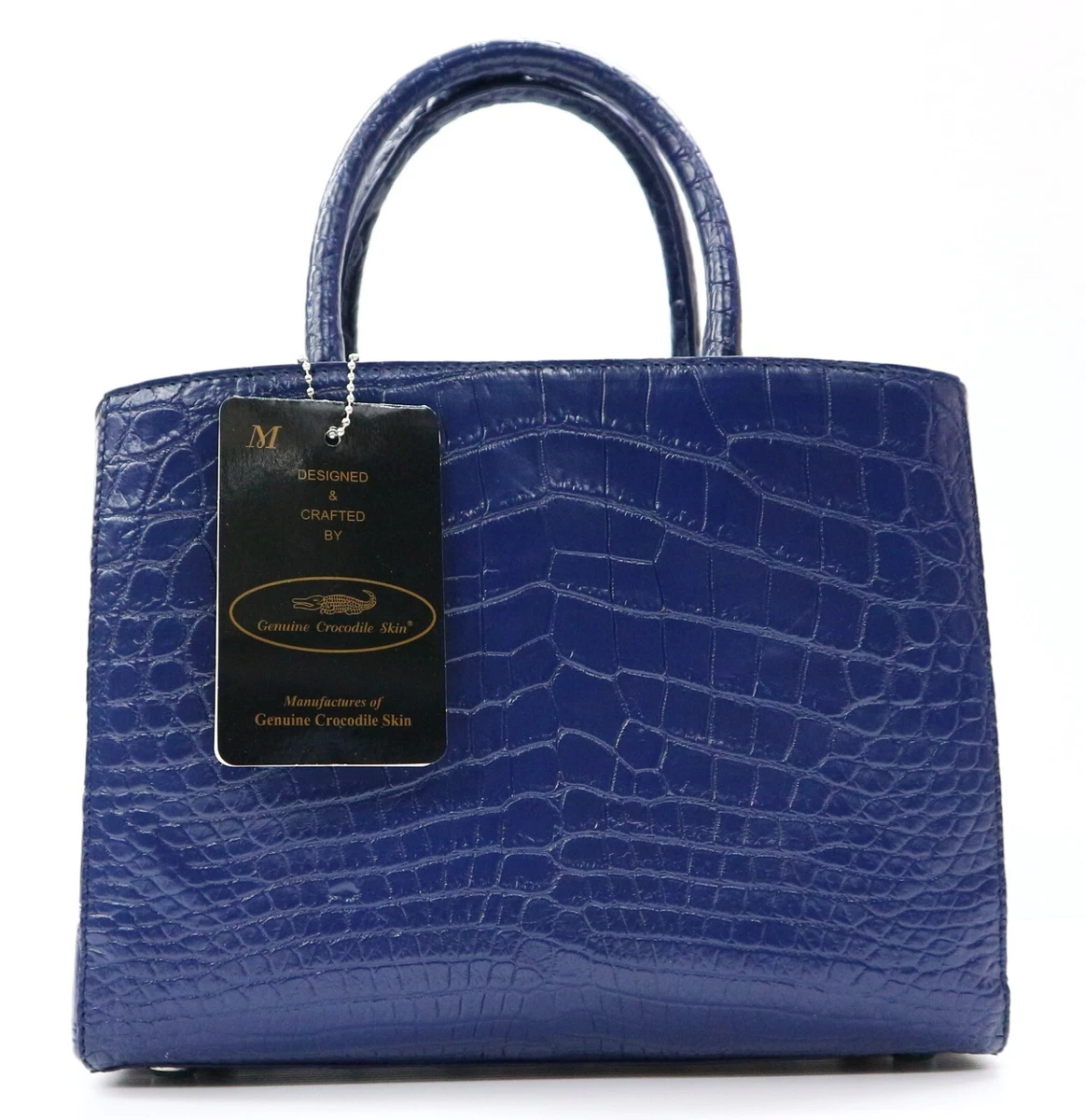 Genuine Crocodile Leather Belly Skin Women Handbag Bag Tote Navy Blue w Strap
