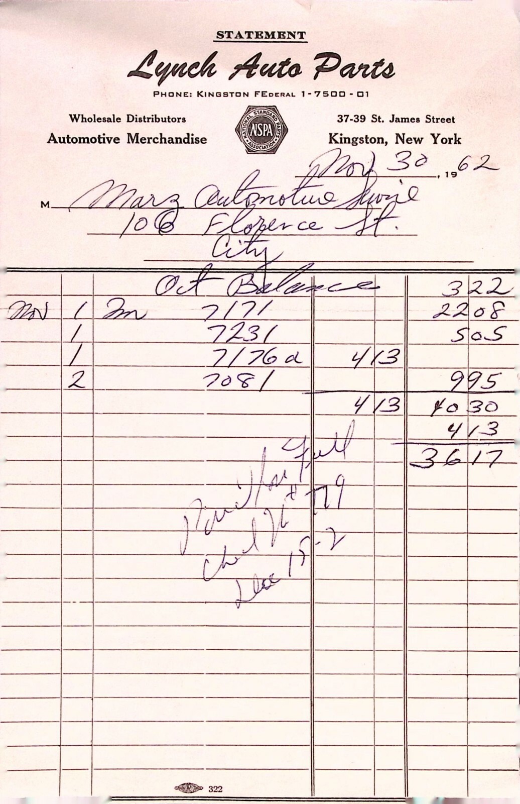 Lynch Auto Parts Kingston NY 1962 Invoice Receipt eBay
