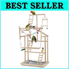 Spacious Wooden Bird Stand with Bells  Feeder Cups - Perfect for Bird Training