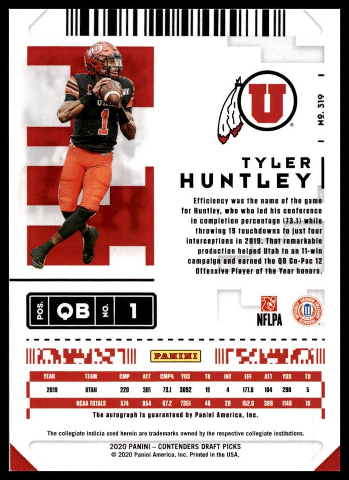 2020 Panini Contenders Draft Picks #319 Tyler Huntley - Image 2 of 2