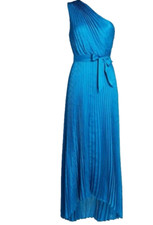 Intermix Sz 4 Luisa Pleated Satin One Shoulder High Low Gown Blue Midi Dress