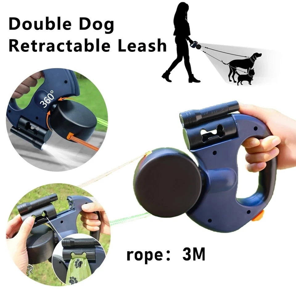 360° Retractable Lead Leash Double Tangle Dual Doggie 2 Dog 50 Pounds For Pet AU - image 2 of 4