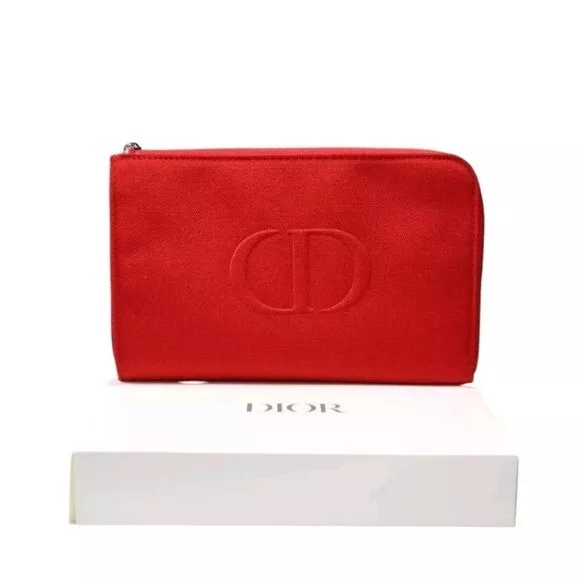 Pochette toile rouge Dior logo argenté fermeture éclair neuve dans sa boîte