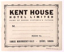 Vintage Hotel Luggage Label KENT HOUSE Quebec Canada Montmorency Falls 4 x 5"