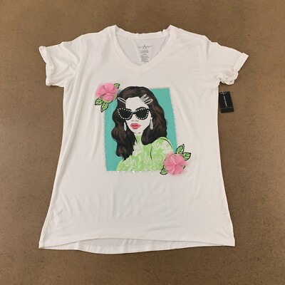 Ashley Stewart Women's Size 14/16 White 3D Embellished Graphic V Neck Tee NWT