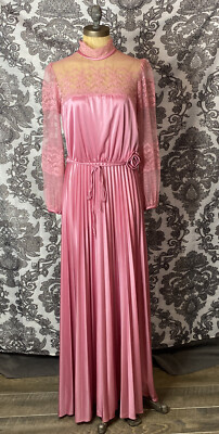 Vtg 70s Maxi Dress Victorian High Neck Puff Sleeve Pink Lace Pleated | eBay
