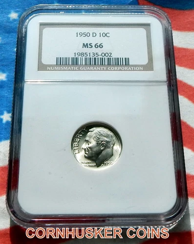 1950 D ROOSEVELT SILVER DIME NGC MS 66 ~ BRIGHT WHITE GEM ~ FREE SHIPPING