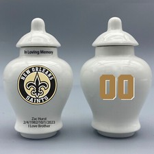 Ceramic Football Urn   New Orleans Saints Theme, Custom Text  Number