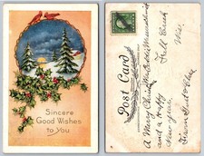 Vintage Christmas Postcard, Winter Scene, Cardinals & Holly, Whitney Made