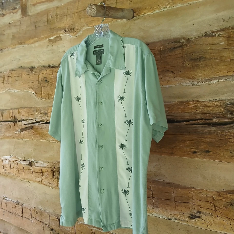 Saddlebred Men's Shirt Short Sleeved Palm Tree Hawaiian Linen Blend Green... - Image 4 of 4