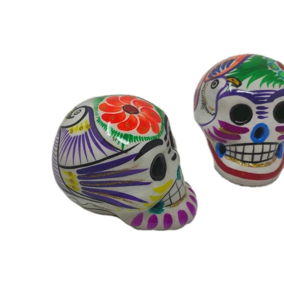 Skull Hand Painted Clay Ceramic Mexico Day of the Dead Sugar Folk Art Halloween - Image 2 of 4