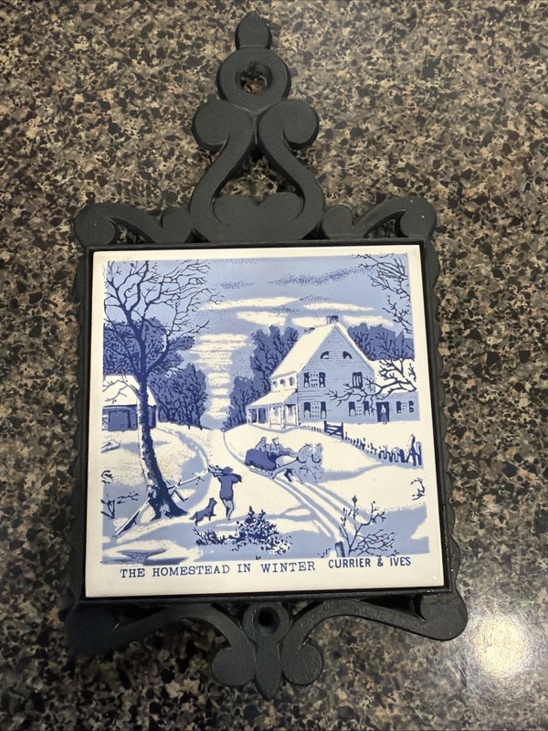 Vintage 'Currier & Ives' Cast Iron Tile Trivet:"The Old Homestead In Winter";EUC