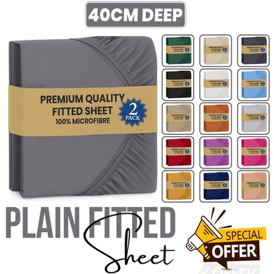 INSPIRE HOMEWARE 2 Pack Extra Deep Pocket Fitted Sheet 40cm Corner Elastic Bed Sheets All Sizes