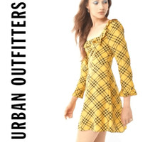 Womens Urban Outfitters Womens Yellow Plaid Dark Academia Ruffle Neck Dress Sz M