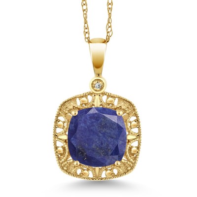 2.01 Ct Cushion Blue Lapis White Diamond 10K Yellow Gold Pendant with Chain