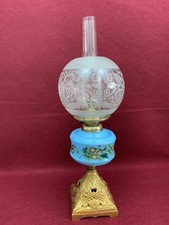 Stunning Antique Victorian Oil Lamp with hand painted blue glass reservoir.  